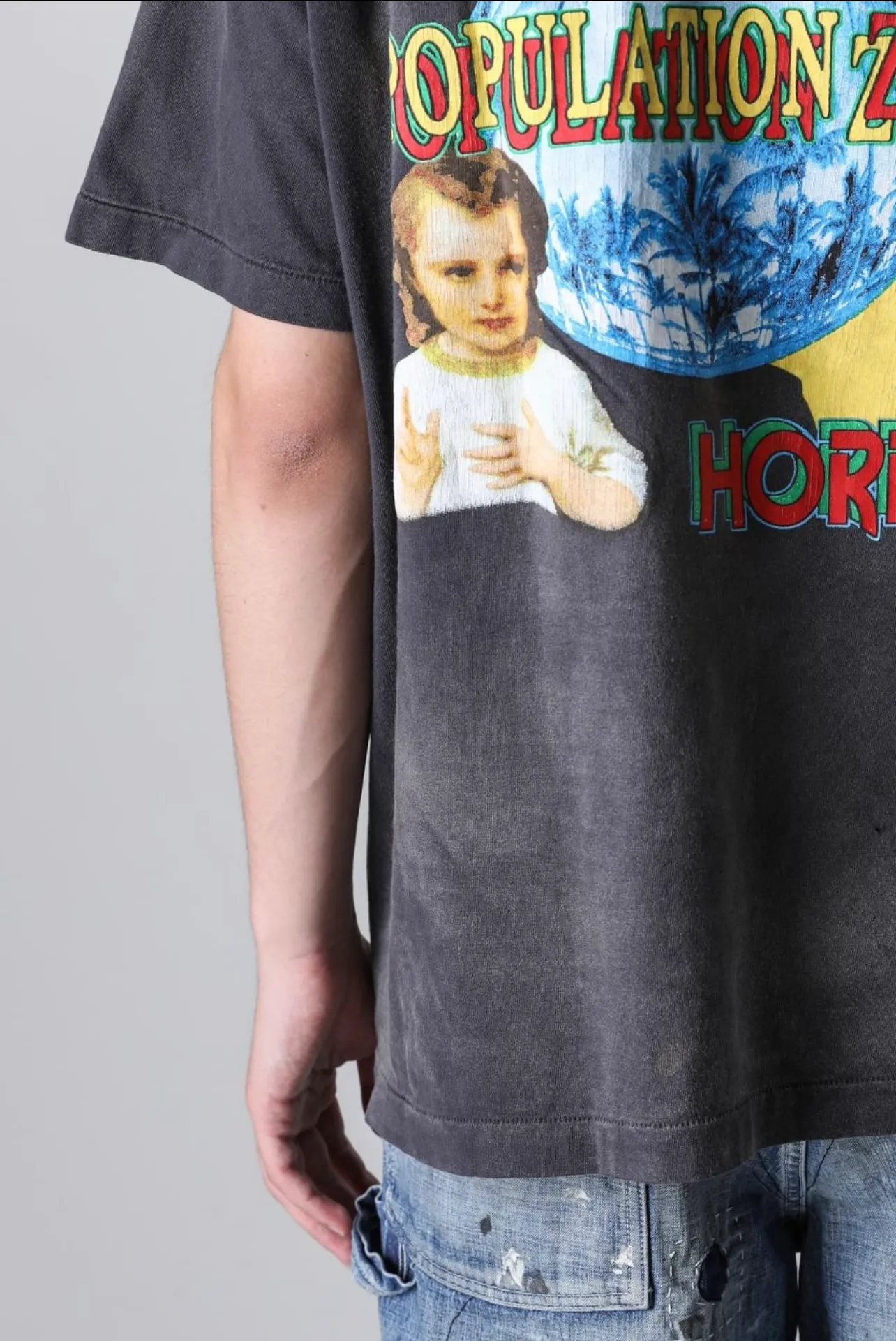 SAINT MICHAEL SS TEE/ON EARTH/BLK Jesus, Mary, Holy Infant Earth TEE Ready-to-wear Assut special piece dyeing, washed and distressed Vintage process, front and rear super complex super large printing, top purchasing agent technology